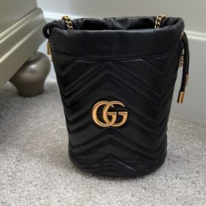 Gucci Black Quilted GG Marmont Mini Bucket Bag with Gold Hardware